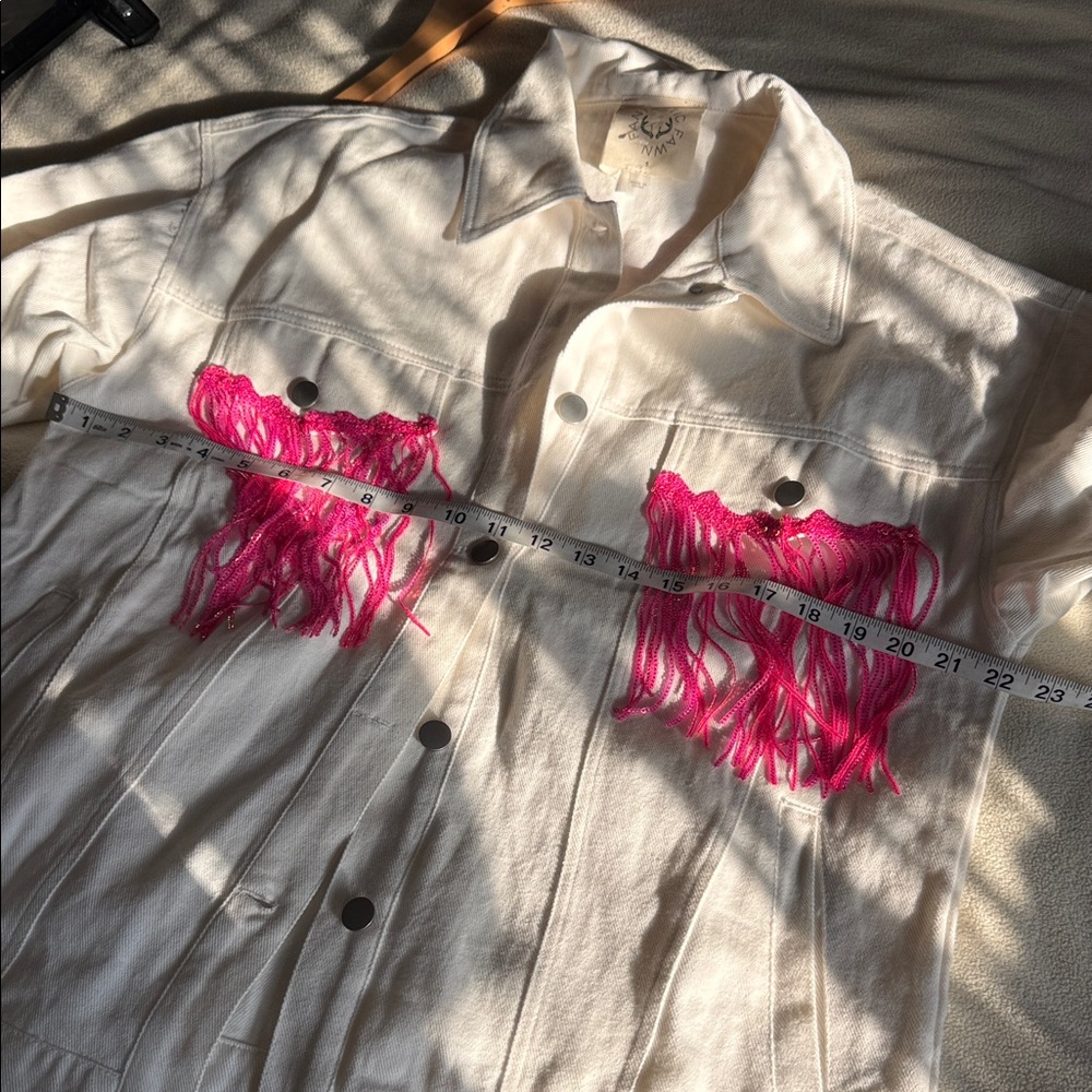 Fantastic Fawn White Jean Jacket with Hot Pink Fringe sequins horse embroidery - Picture 9 of 14